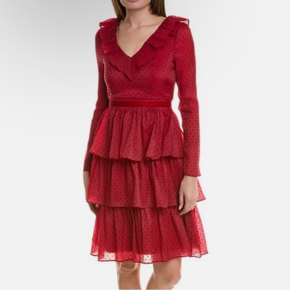 Rachel Parcell Red Long Sleeve Polka Dot Ruffled Tiered Midi Dress NWT Size 4
